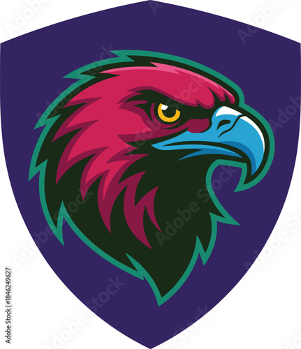 Vivid digital illustration of a fierce eagle mascot emblem with sharp lines and bold colors, set against an eye-catching orange gradient background, ideal for sports teams, branding, logos, apparel, d