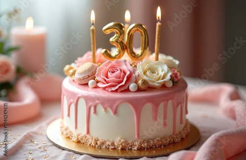 Festive cake with pink drip glaze and floral decor features candles shaped like number 30. Delicious dessert awaits celebration. Sweet treat for special thirtieth party.