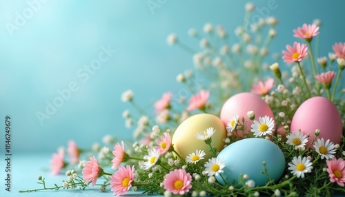 Easter eggs in pastel colors nestled among small pink and white flowers on a soft blue background. Springtime holiday symbols are arranged with delicate blossoms, creating a festive and joyful scene.