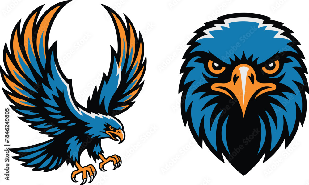 Obraz premium Powerful illustration of fierce eagle mascot with detailed feathers and intense gaze, symbolizing strength, freedom, and leadership for sports teams, branding, logos, military, outdoor activities, and