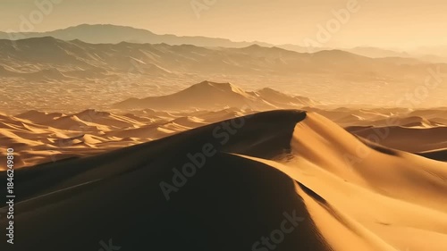 Desert landscape with sand dunes and mountain range at sunset