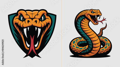 Vivid cartoon snake and fierce tiger head mascots colorful illustrations for sports teams gaming logos branding merchandise and streetwear design modern vibrant animal characters with aggressive expre