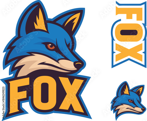 Dynamic fierce blue fox mascot logo design for sports teams esports gaming brand or wildlife conservation sleek modern cartoon style bold detailed illustration with energetic attitude and competitive