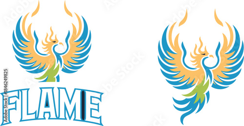 dynamic phoenix mascot logo design featuring vibrant blue, yellow, and green flames with stylized wings against a dark background suitable for branding, sports teams, gaming, entertainment, creative i