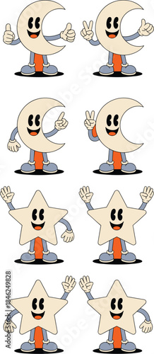 Cute cartoon moon and star characters with expressive faces and dynamic gestures on vibrant orange background, whimsical illustrations for kids' educational materials, playful design for children’s bo