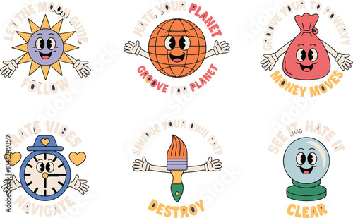 Cute cartoon characters with motivational and humorous messages promoting positivity, environmental awareness, self-expression, creativity, and personal growth in a modern, colorful, and playful style