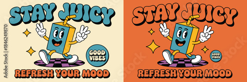 Colorful cartoon illustration of cheerful smiling juice box character with arms and legs, playful pose on checkered floor, vibrant background, upbeat mood promoting refreshment, healthy lifestyle, fun