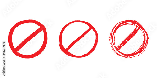 Set of hand drawn prohibition sign No entry symbol Red circle with cross line clipart in doodle style Ban Restriction Forbidden stop Single element for print, web, design