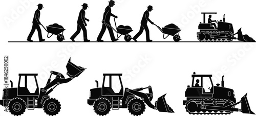 Construction workers and heavy machinery silhouettes in action on white background Keywords: construction, worker, man