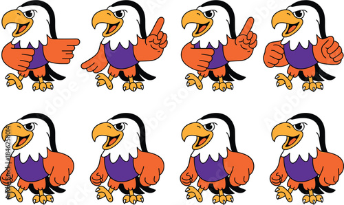 Cute cartoon eagle character expressing different gestures and emotions, colorful animated bird mascot illustration, playful and friendly design for kids, education, branding, marketing, presentation,