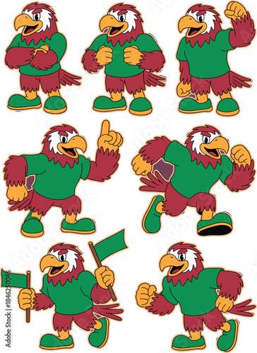 Animated cartoon eagle mascot character in dynamic poses expressing enthusiasm, excitement, and confidence on purple background, ideal for sports teams, school spirit, team branding, promotional event
