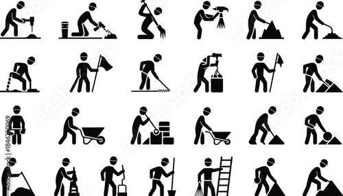 Construction worker pictogram set showing various tasks and tools on white background icon silhouette