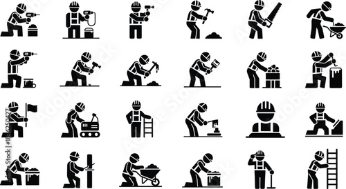 Icon set of construction workers performing various building and repair tasks pictogram symbol