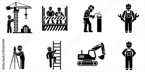 Icon set of construction workers and heavy machinery on white background pictogram symbol