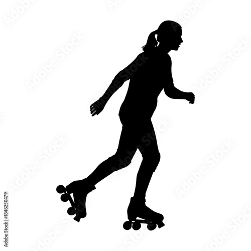 Silhouette of young person roller skating in motion.