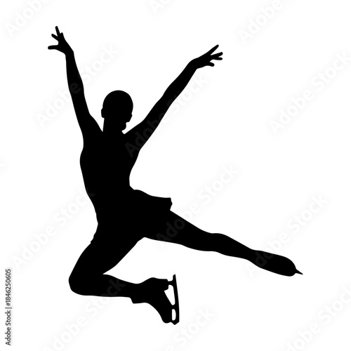 Silhouette of female ice skater performing dynamic jump pose.