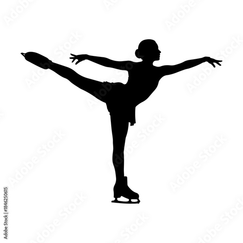 Silhouette of graceful figure skater balancing on one leg.
