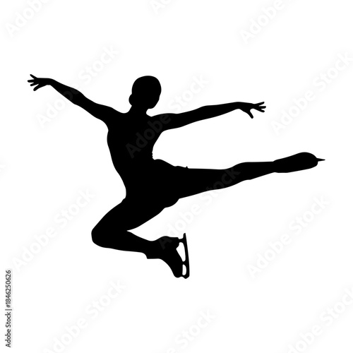 Silhouette of figure skater performing dynamic jump pose.