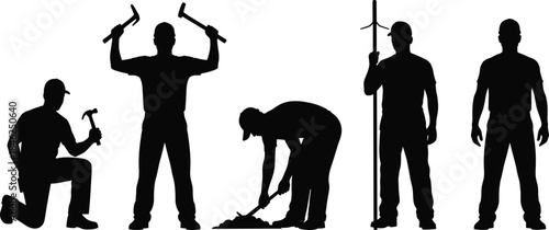 Silhouette construction workers with tools and performing tasks on white background male
