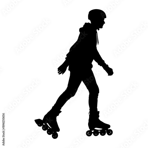 Silhouette of person wearing inline skates and helmet.