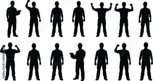 Silhouette construction workers in various poses on white background male