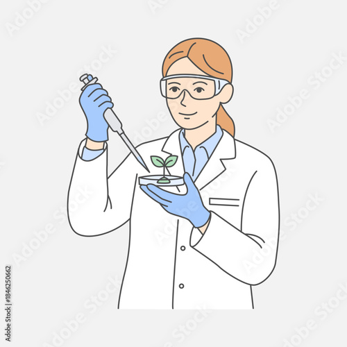 Cartoon illustration of scientist in lab coat uses pipette to care for plant seedling in petri dish carefully