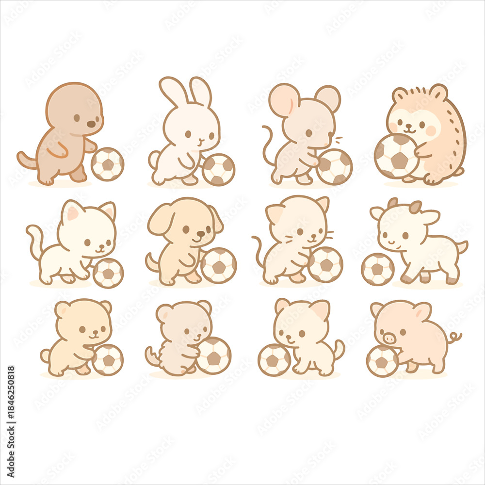 Obraz premium Kawaii Baby Animals Playing Soccer with Football Ball Cute Pastel Clipart Se