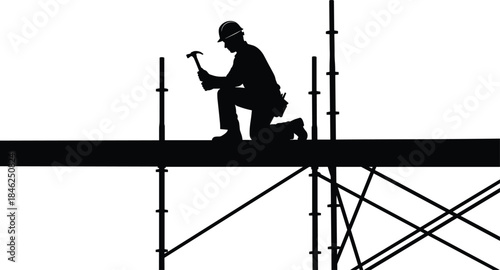 Silhouette of a construction worker with a hammer on scaffolding on a white background Keywords: construction, worker