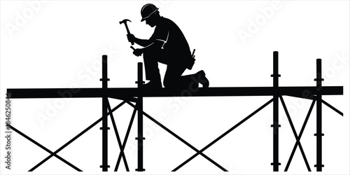 Silhouette of a construction worker with a hammer on scaffolding on a white background Keywords: construction, worker
