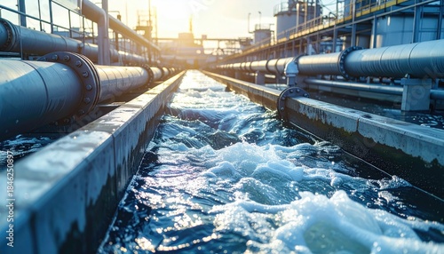 Industrial water treatment facility with pipes and tanks