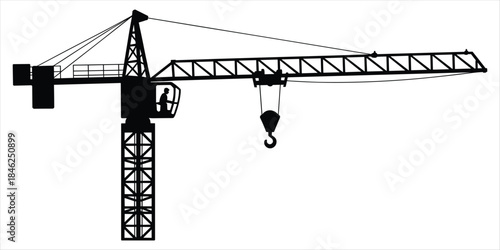 Silhouette of a large construction tower crane with a hook and operator cab Keywords: construction, crane, tower crane