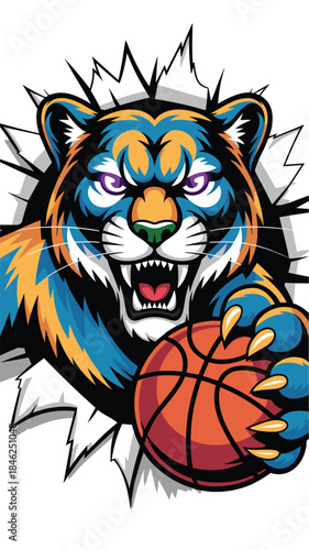 Dynamic illustration of fierce tiger with glowing purple eyes bursting through a torn background holding a basketball, representing strength, sports passion, street art style, vibrant colors, urban en