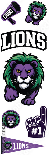 Sporty and dynamic lion illustration set featuring fierce lion mascot with athletic stance text logo banners and social media icons for team branding, school sports, youth clubs, gaming teams and spor