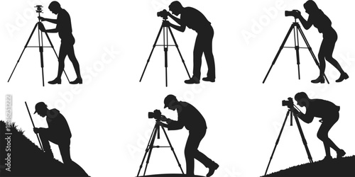 Silhouette Of Photographers Using Tripods And Cameras In Various Poses Keywords: silhouette, photographer, photography, camera