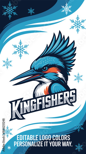 Dynamic kingfisher mascot logo design with vibrant blue and orange colors, fierce expression, detailed feathers, modern style, suitable for sports teams, branding, merchandise, competitive events, ene