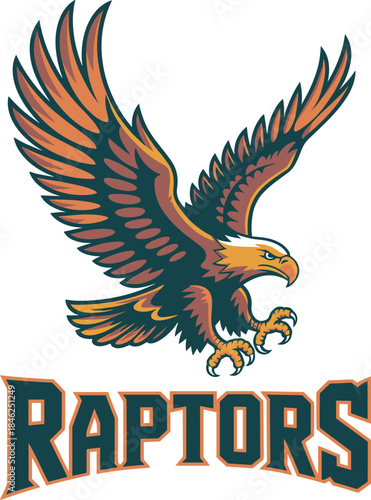 Dynamic athletic eagle mascot logo for sports teams, education, branding, and merchandise design featuring a fierce bird of prey in bold colors, modern style, high-resolution illustration for team bra