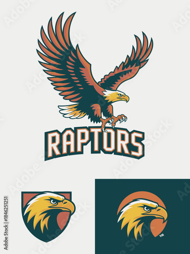 Fierce and powerful digital illustration of a raptor mascot in dynamic pose with bold colors and modern graphic style, ideal for sports team branding merchandise logos uniforms banners and promotional