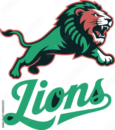 Dynamic sports logo featuring a fierce lion with detailed mane in green and orange, symbolizing strength and courage, set against a dark background for branding, merchandise, athletic teams, sportswea