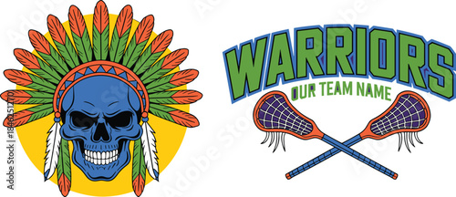 Colorful sports team logo featuring a vibrant skull wearing a Native American headdress with feathers, paired with crossed lacrosse sticks and bold text Warriors Our Team Name, on purple background, e