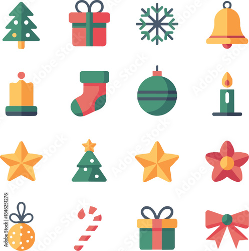 Flat Christmas Icon Collection with Flowers and Stars