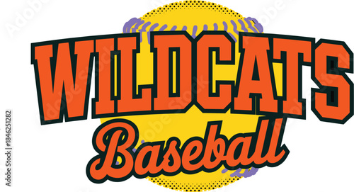 Wildcats baseball team logo with bold orange and black text on a vibrant yellow ball contrasting with a dark background, suitable for sports branding, team uniforms, merchandise, promotional materials