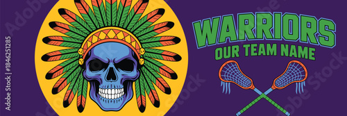 Colorful skull wearing a feathered headdress graphic representing warrior culture, sports team mascot or Halloween costume design for promotional event, artistic badge or emblem for sports club, vibra