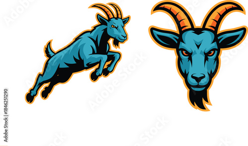 Dynamic blue mountain goat mascot illustration featuring an energetic jumping pose and close-up headshot on bright orange background, suitable for branding, advertising, sports teams, entertainment, o