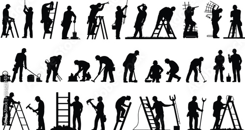 Silhouettes of construction workers performing various tasks with tools and ladders Keywords: construction, worker, silhouette