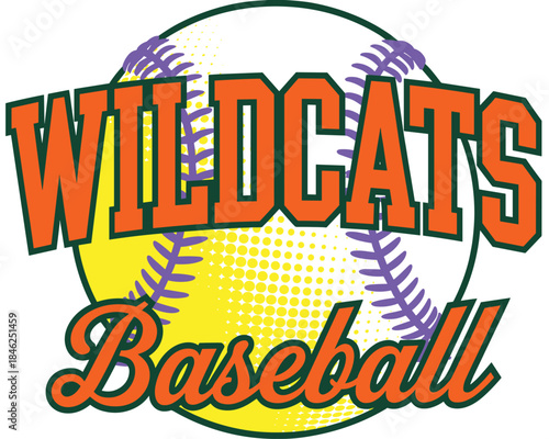 dynamic logo design for wildcats baseball team featuring bold orange and green typography with a stylized yellow and purple baseball background for sports branding, team identity, merchandise, marketi