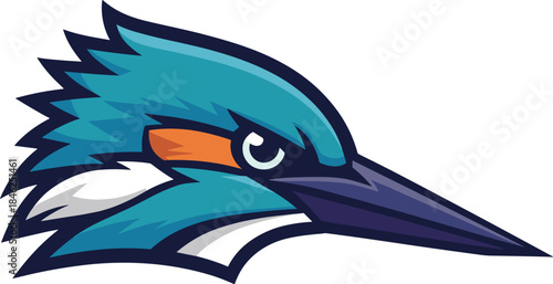 Stylized illustration of a fierce blue and white bird with an orange beak and intense eye, representing wildlife, nature, and freedom, suitable for sports, outdoor activities, environmental campaigns,