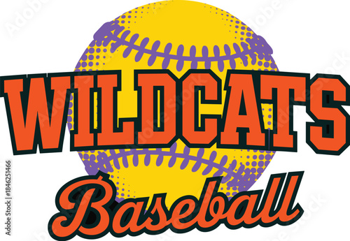 Wildcats Baseball logo featuring vibrant yellow and purple softball with bold orange and black text, modern graphic design for team branding, sports merchandise, marketing, advertising, digital media,