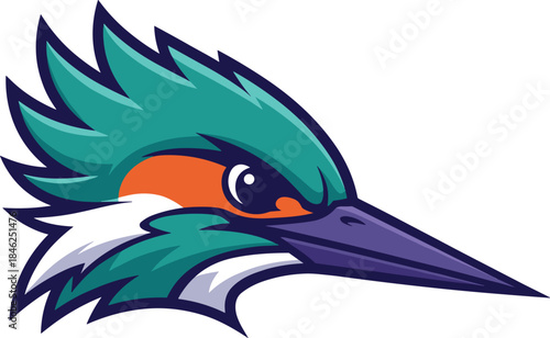 Colorful, modern illustration of a kingfisher bird with striking teal, orange, white, and purple feathers, detailed head profile for wildlife, nature, and birdwatching content, suitable for eco-friend