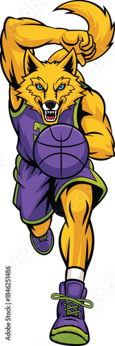 dynamic anthropomorphic wolf basketball player mascot cartoon illustration depicting aggressive energetic action in vibrant sportswear on white background ideal for sports team branding promotional ma
