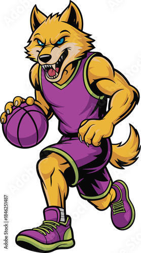 Vibrant cartoon anthropomorphic wolf mascot playing basketball, athletic animal character representing sports, fitness, youth, energy, competitive team spirit, colorful energetic design ideal for spor